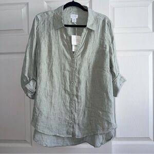 Sigrid Olsen 100% Linen Button-Down Tunic Top in Heather Sage